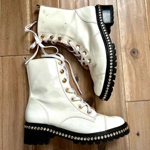 schutz white patent studded boot